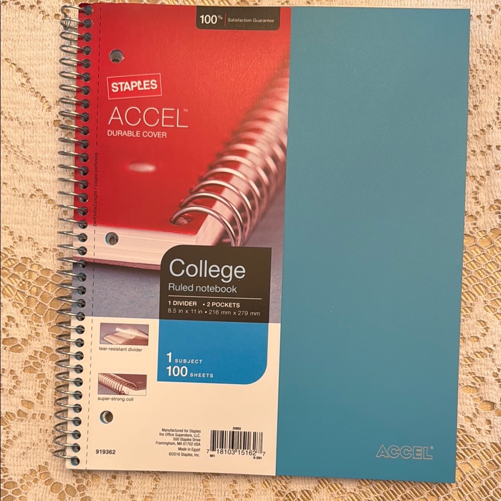 Staples Accel Durable Cover College Ruled Notebook 100 Pgs 1-subject Teal New